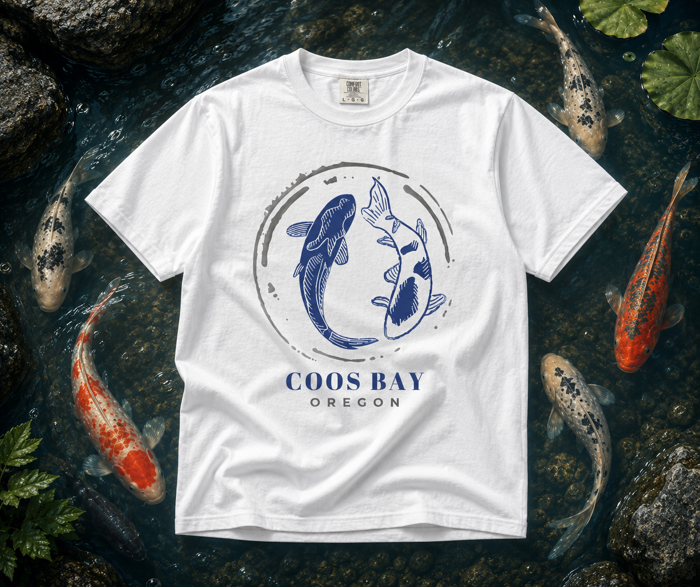 Coos Bay Koi Circle T-Shirt — Oregon Coastal Fish Graphic
