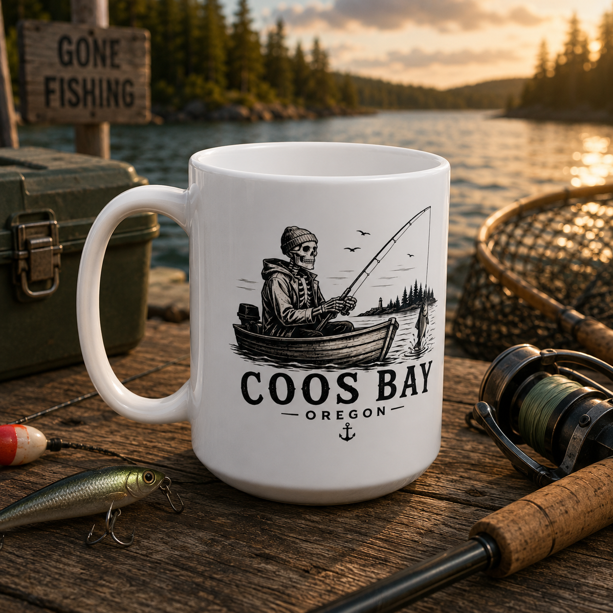 Coos Bay Fishing Coffee Mug - "Just One Last Cast, I Promise" Ceramic Mug 15oz